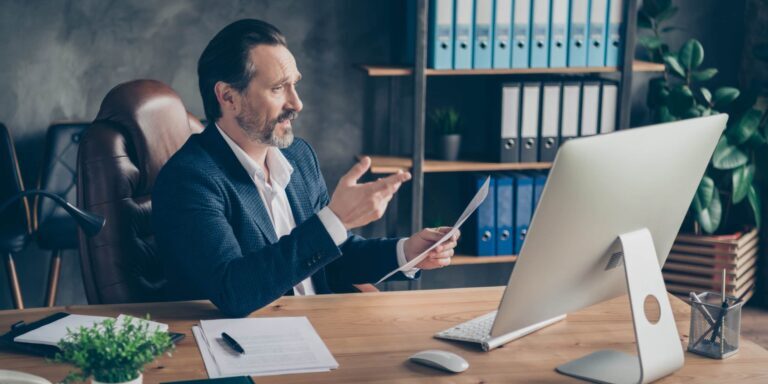 Profile side view portrait of his he nice handsome man qualified financier, attending online meeting discussing it project start-up corporate law document modern concrete industrial work place station